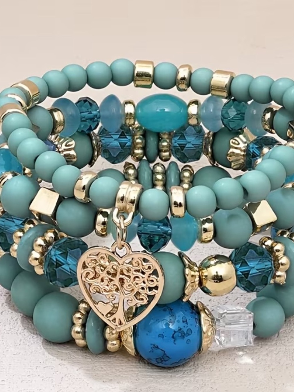 New Gold-Accent Teal Beaded Heart Charm Bracelet Set - Women Jewelry